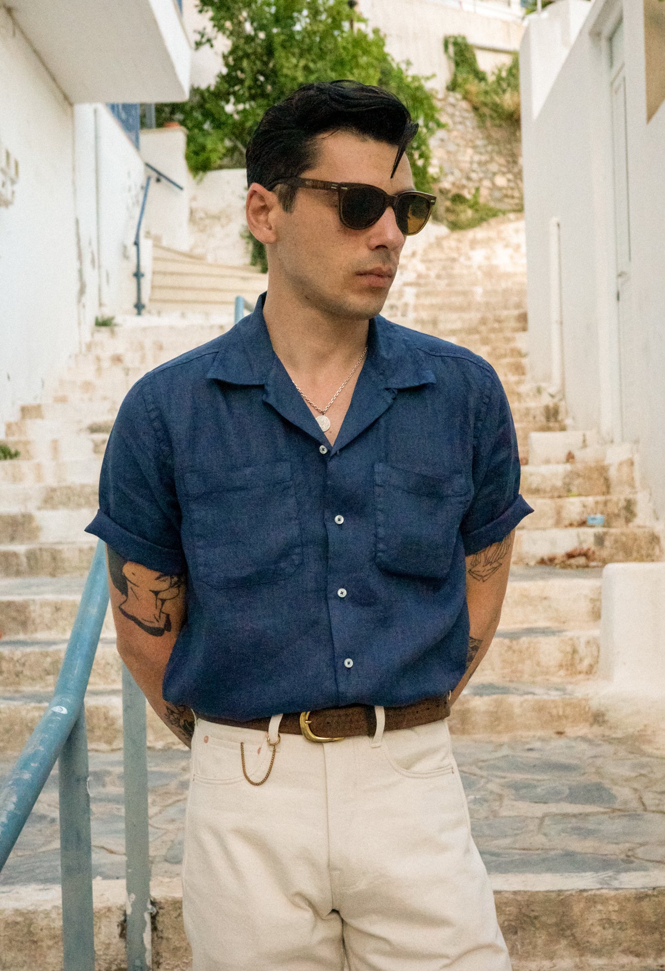 Gran Sasso Men's Open Collar Linen Shirt | King's Cross