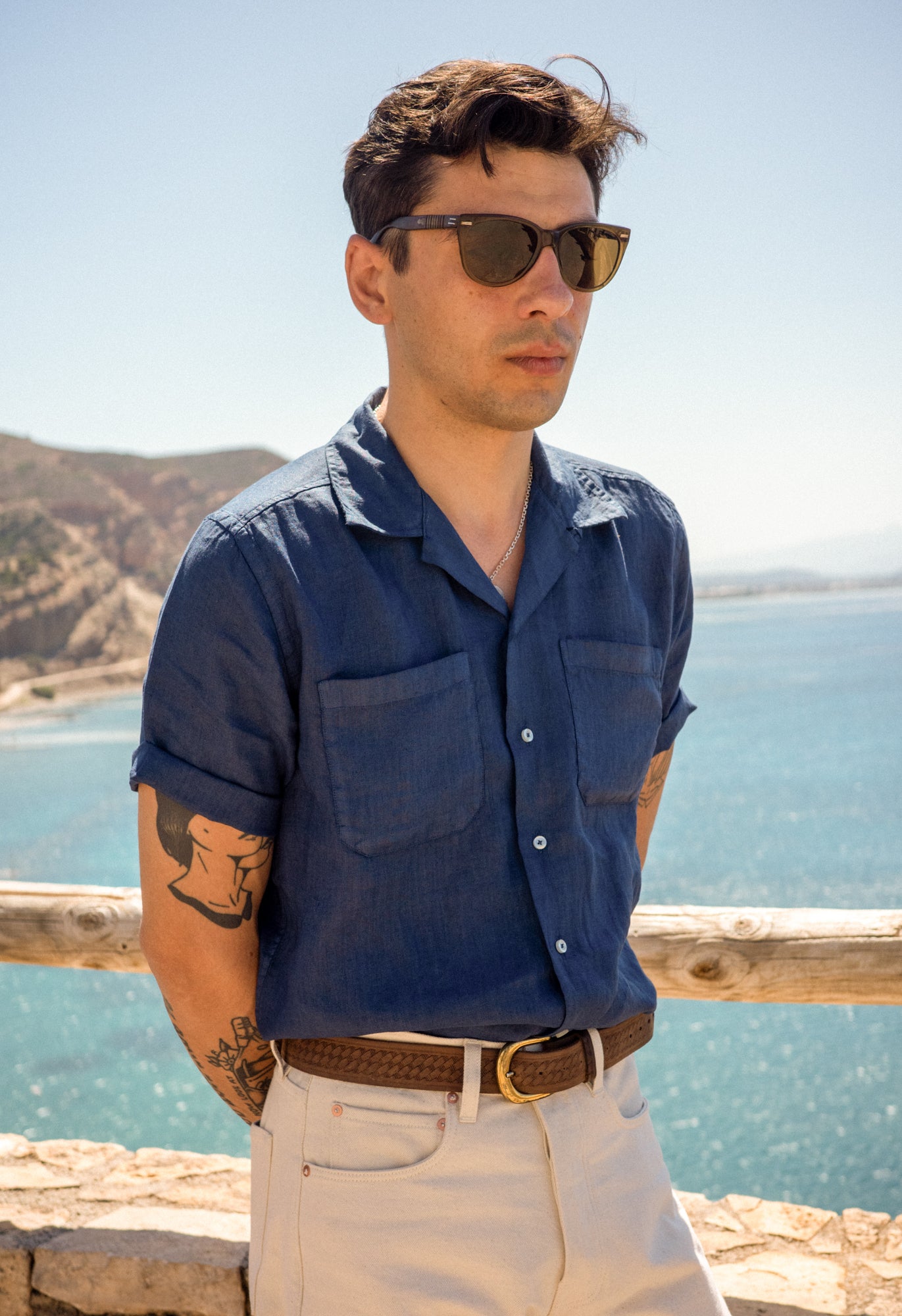 Gran Sasso Men's Open Collar Linen Shirt | King's Cross